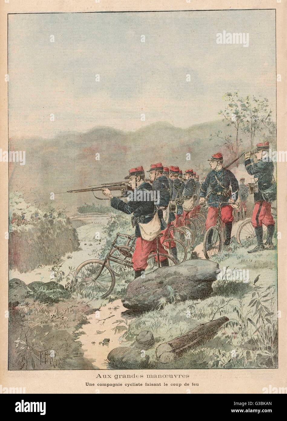 The Compagnie Cycliste of the  French Army take part in the  annual manoeuvres, pedalling  rapidly to the high ground  before firing on the enemy.      Date: September 1899 Stock Photo