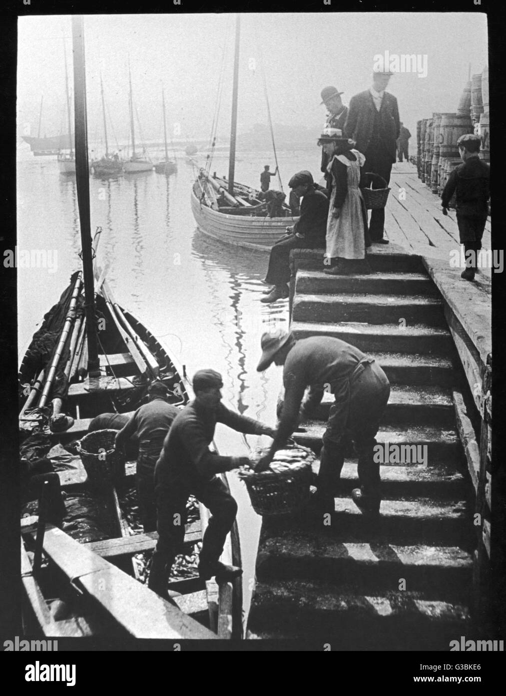 The day's catch is unloaded  from a fishing boat at  Staithes, Yorkshire; fishermen  bring baskets of fish up the  harbour steps while spectators  watch the proceedings      Date: circa 1905 Stock Photo