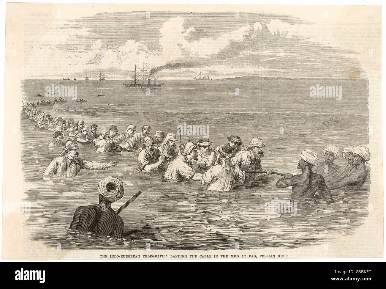 The IndoEuropean telegraph landing the cable in the mud at Fao, in the Persian Gulf. Date