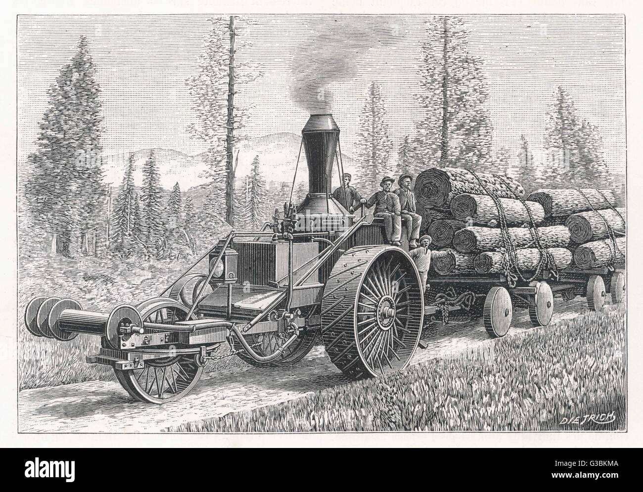 A sturdy three-wheeled steam-  powered traction engine used  in the timber industry,  California.      Date: 1888 Stock Photo