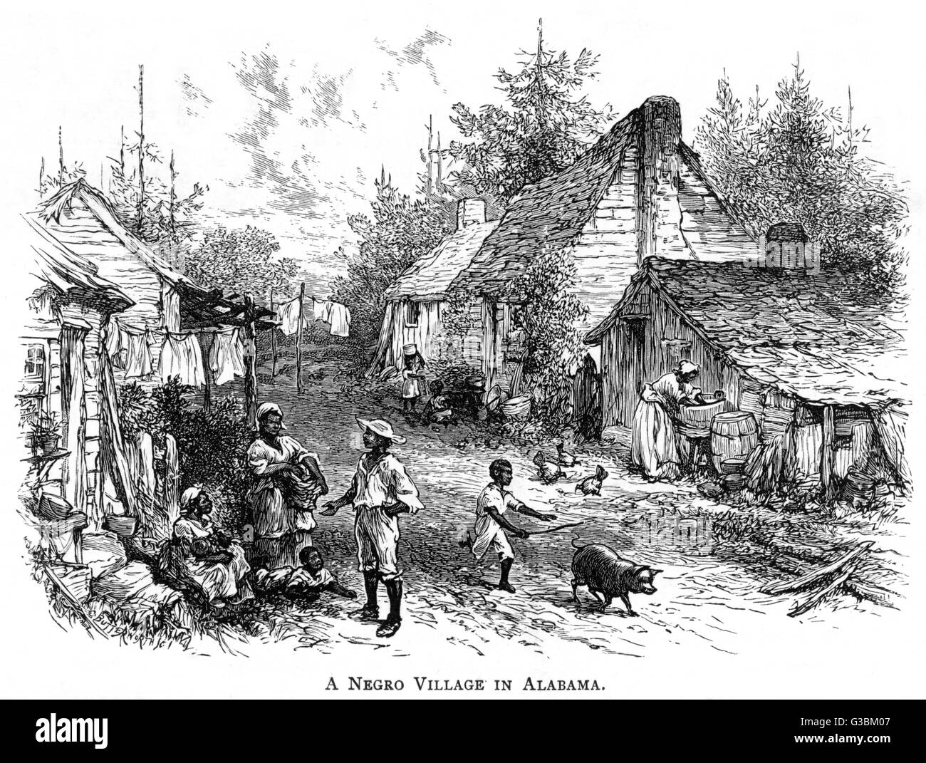 A negro village in Alabama.   Living conditions for negroes  are not quite up to the  standards of the white folks,  and social services are somewhat deficient.     Date: circa 1860 Stock Photo