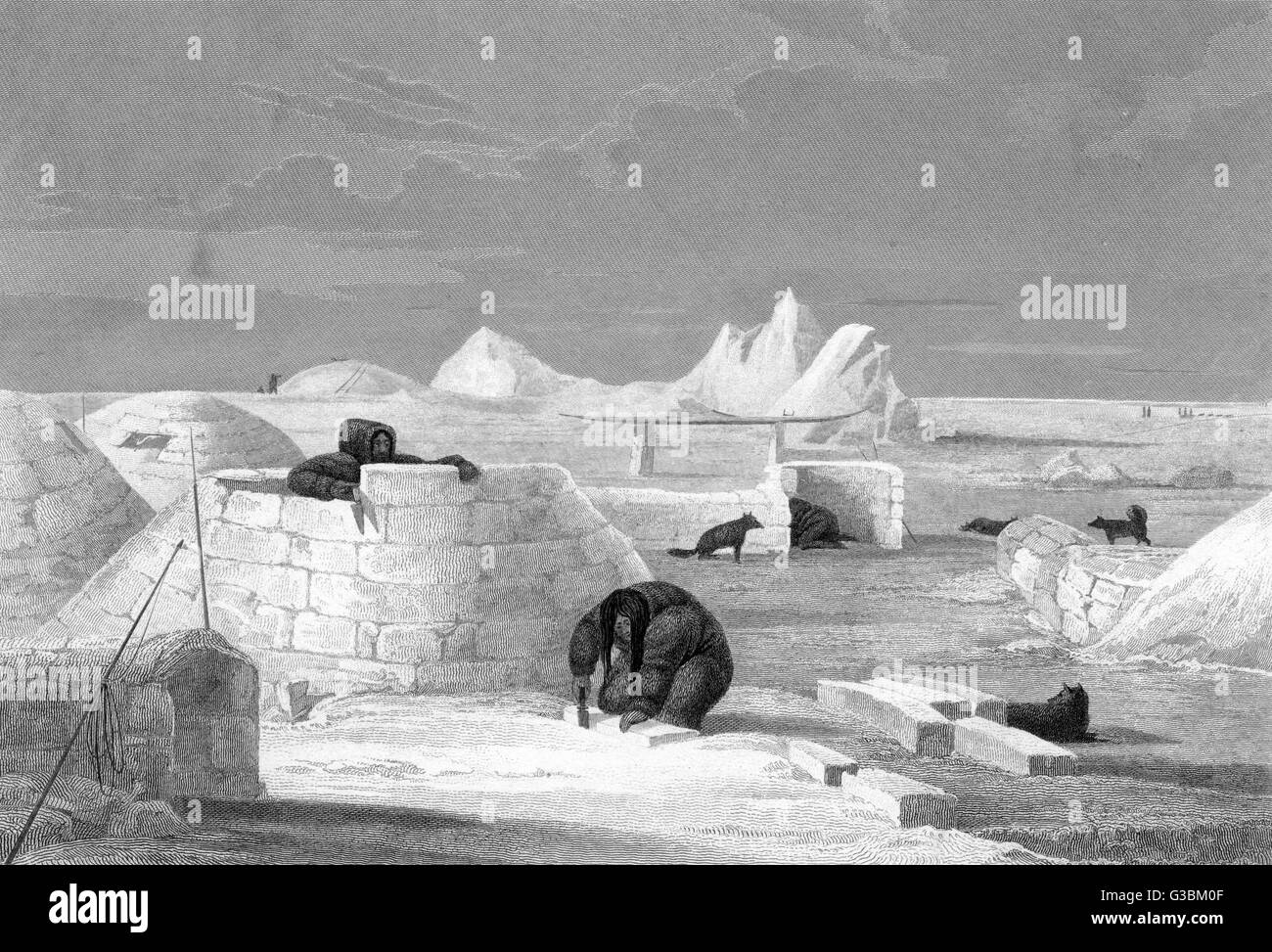 'Esquimaux building a snow hut' Eskimos build an igloo observed by