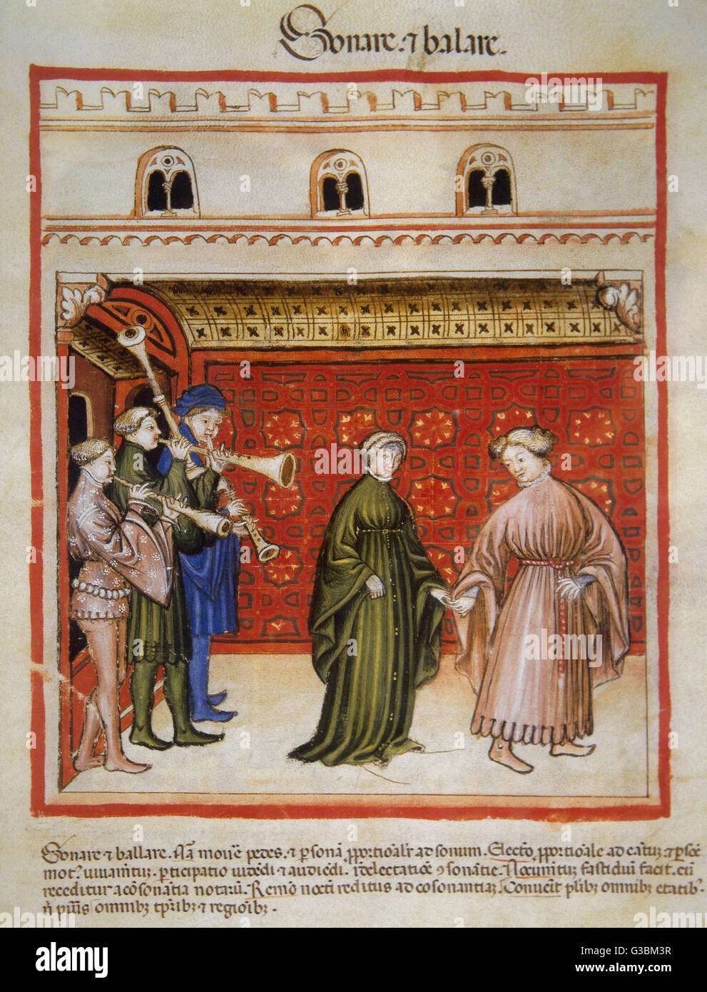 Tacuinum Sanitatis. 14th century. Medieval handbook of health. Music and dance. Folio 104r. Stock Photo