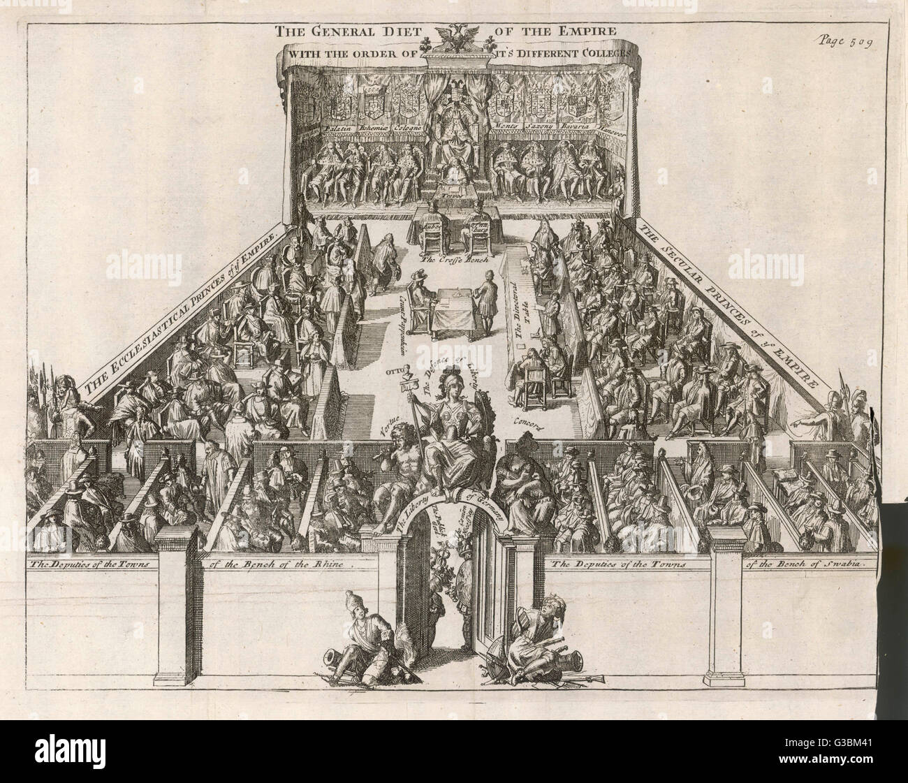 The Imperial Diet at the time  of the Thirty Years War, with  seats for the ecclesiastical  princes, the secular princes,  and deputies from the towns.      Date: circa 1630 Stock Photo
