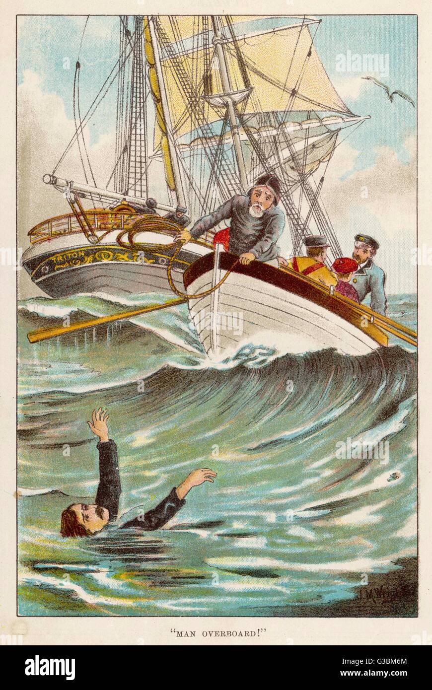 Having fallen off his ship,  this man is jolly pleased that  his shipmates were able to  lower a boat and come to his  rescue.     Date: circa 1895 Stock Photo
