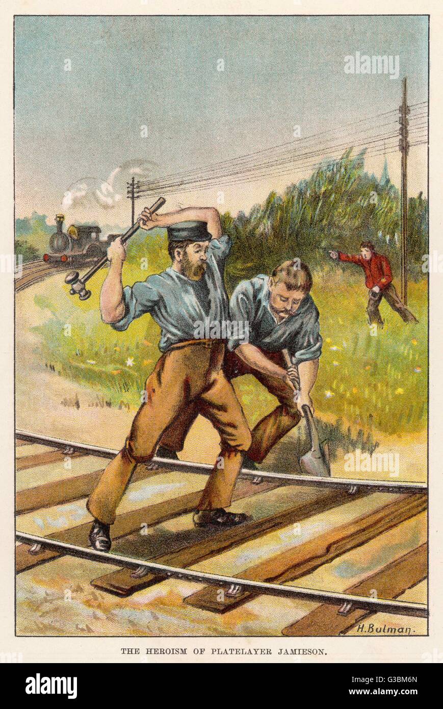 Jamieson, platelayer on the  Glasgow-Paisley line, notices  that a sleeper is insecure ;  he and his nephew put it right  as a train approaches, but  unfortunately both are killed.     Date: 1874 Stock Photo