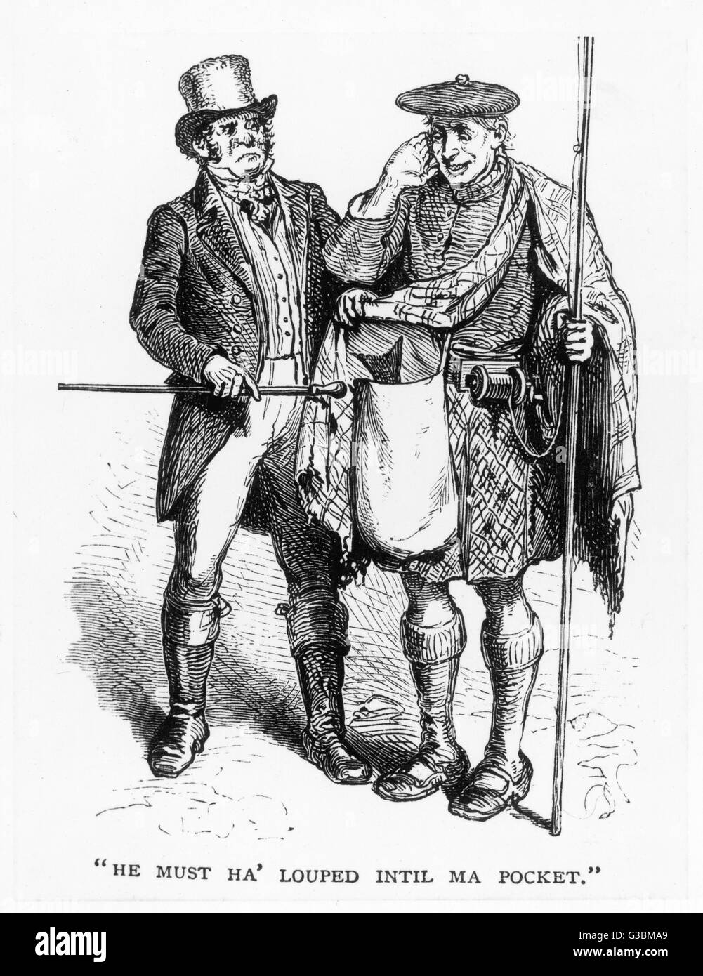&quot;He must ha' louped intil ma  pocket&quot;  Scottish poacher discovered  with a Salmon hidden in his concealed bag.     Date: 1876 Stock Photo