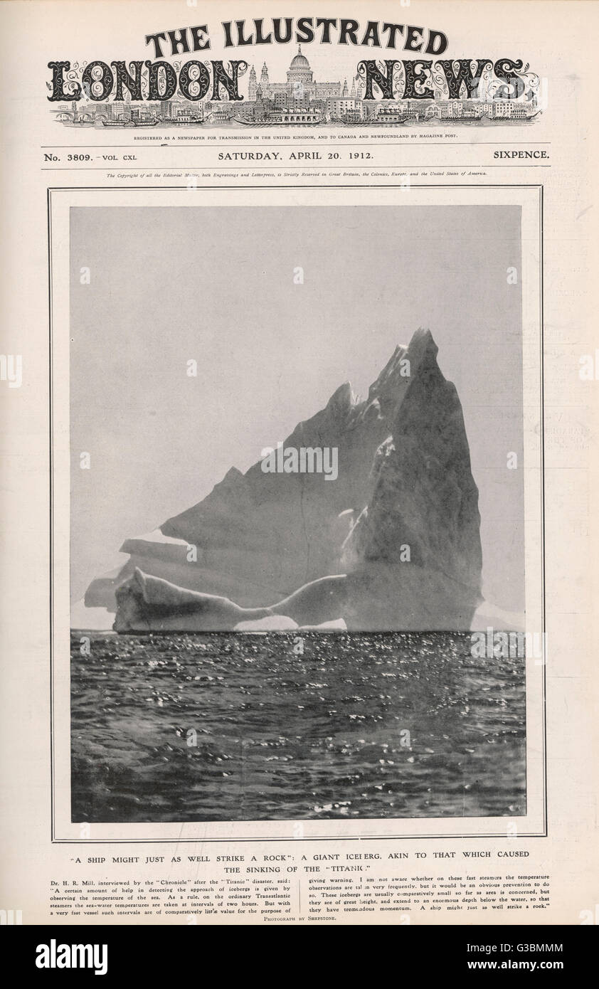 A giant iceberg fills the  front page of the ILN as the headlines report the sinking of  the Titanic just days before      Date: 20 April 1912 Stock Photo
