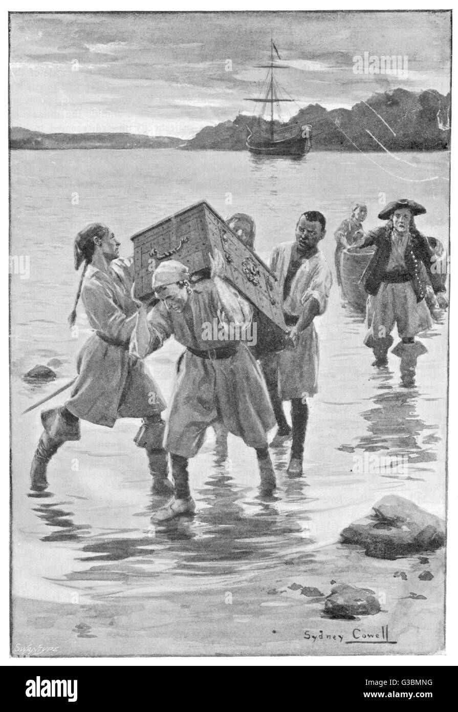 Captain Kidd lands with his  crew and treasure.        Date: 17th century Stock Photo