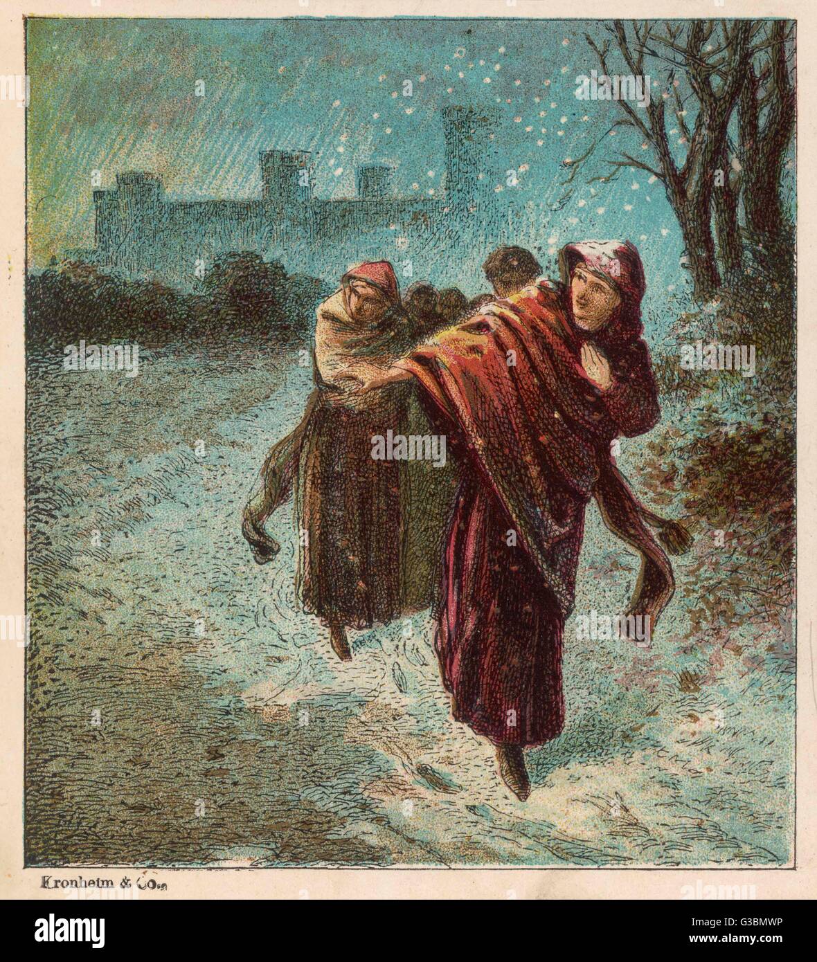 Empress Matilda, daughter of  Henry I, escapes from Oxford  Castle on a snowy night where  she has been imprisoned by  Stephen      Date: 1142 Stock Photo