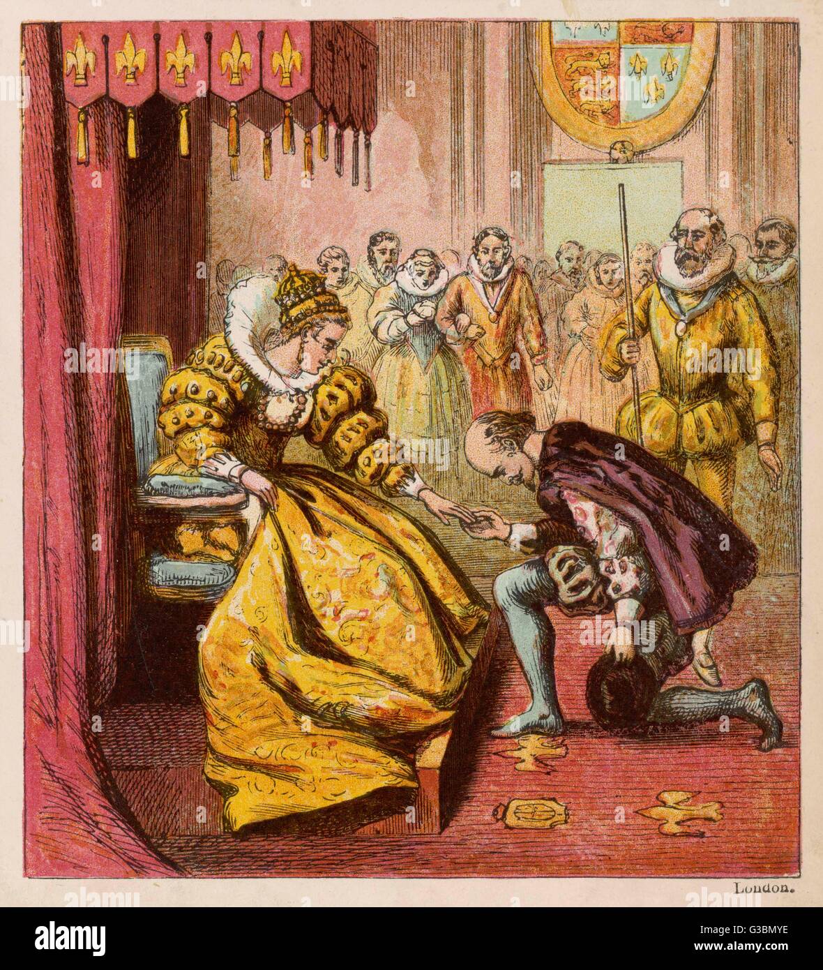 Shakespeare kneels before Queen Elizabeth I at her court Stock Photo