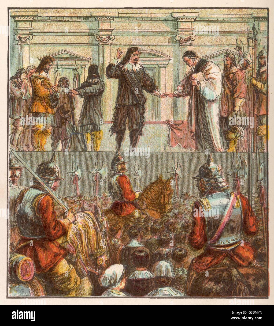 King Charles I prepares for  his execution on the scaffold  in front of the palace of  Whitehall       Date: 30 January 1649 Stock Photo