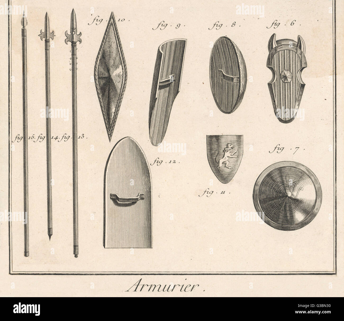 Various shields and spears from 15th century France. Date Circa 15th