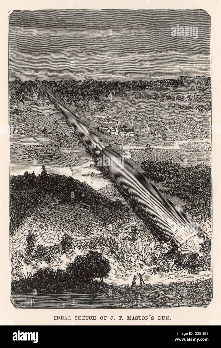 'DE LA TERRE A LA LUNE' ('From the Earth to the Moon')  a sketch of J.T. Maston's gun from which the moon rocket will be fired.       Date: 1865 Stock Photo