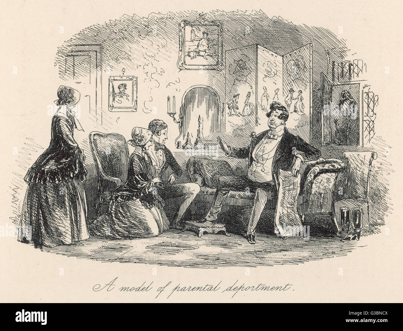 A Model of Parental Deportment Prince Turveydrop and his  fiancee Caddy Jellyby tell Mr.  Turveydrop of their engagement accompanied by Ester Summerson      Date: First published: 1852-53 Stock Photo