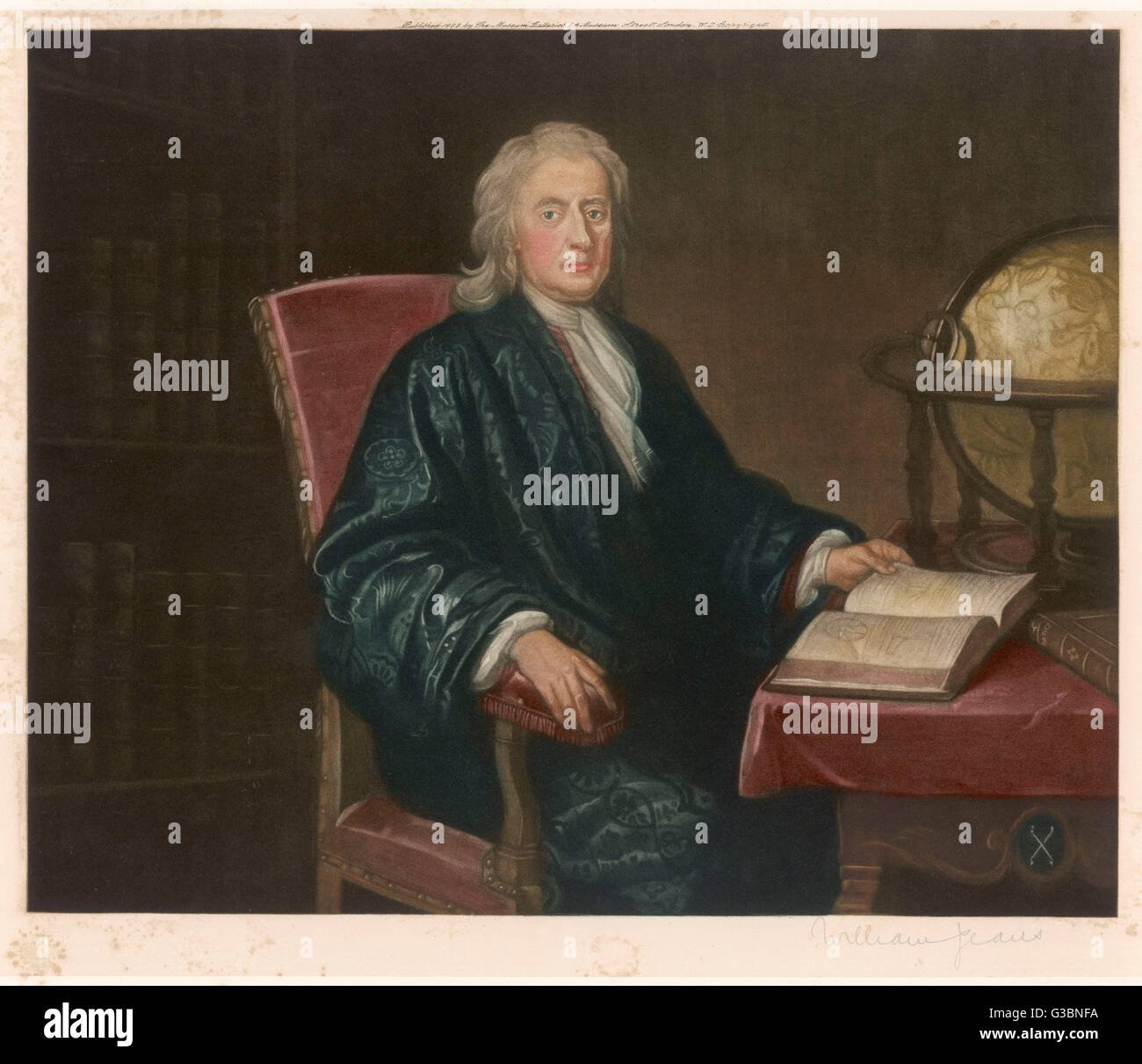 SIR ISAAC NEWTON - Mathematician and physicist,  seated at his work-table,  circa 1726.       Date: 1642-1727 Stock Photo