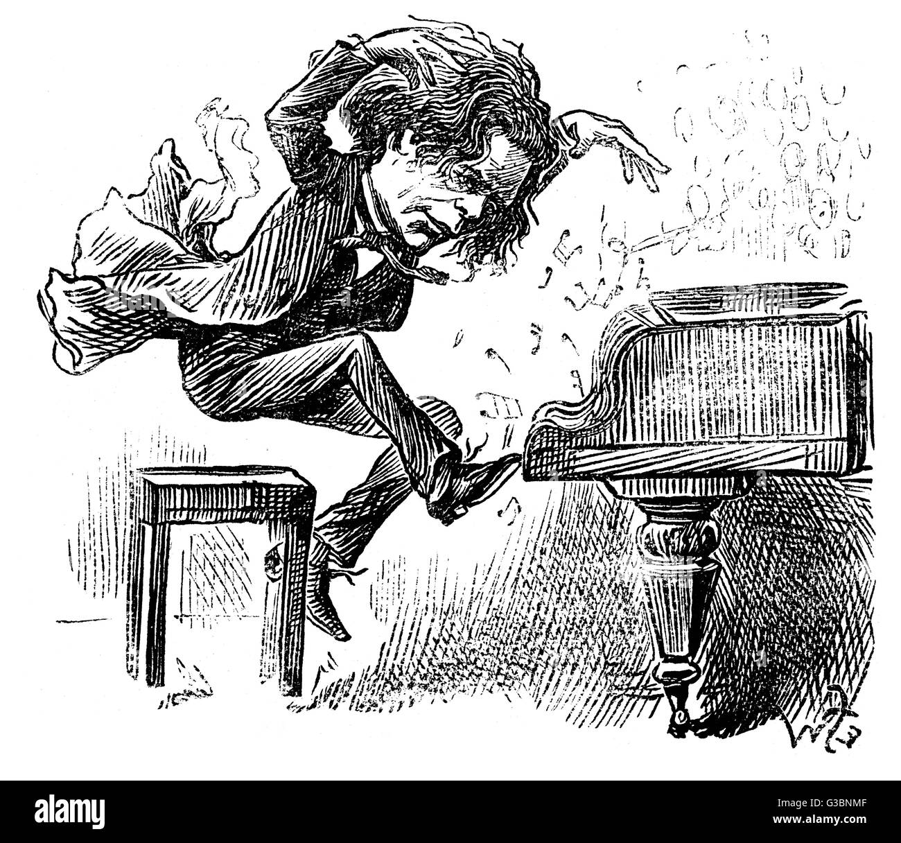 ANTON RUBINSTEIN over-enthusiastic pianist  plays a tune. So caught up in  his performance he is lifted  bodily from the stool, long  hair &amp; coat-tails flying.     Date: 1829 - 1894 Stock Photo