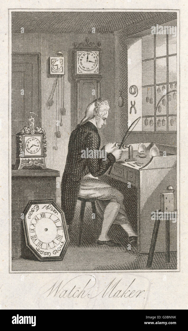 A clock and watchmaker seated  at his bench makes fine  adjustments to a watch part,  possibly a cog. He uses a bow  lathe ?. Wall, mantel &amp;  grandfather clocks can be seen     Date: circa 1800 Stock Photo