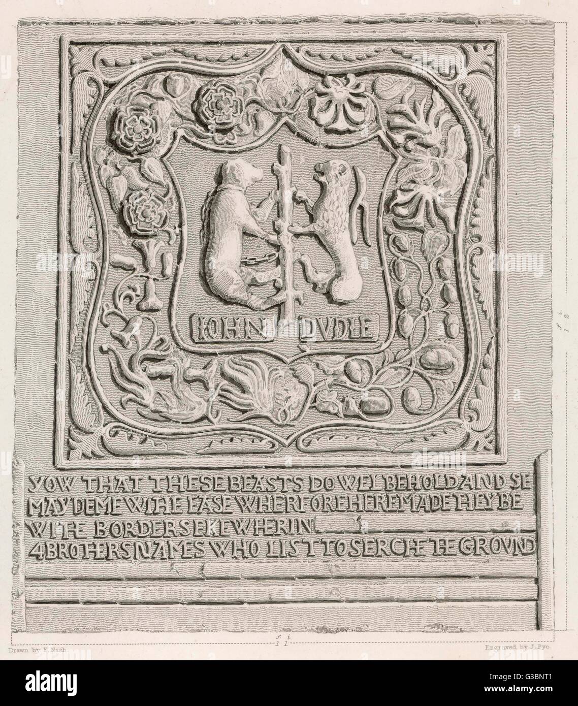 The Dudley family crest carved  into the wall of the Beauchamp Tower by John Dudley, Earl of Warwick who was imprisoned  there circa 1550s      Date: circa 1550s Stock Photo