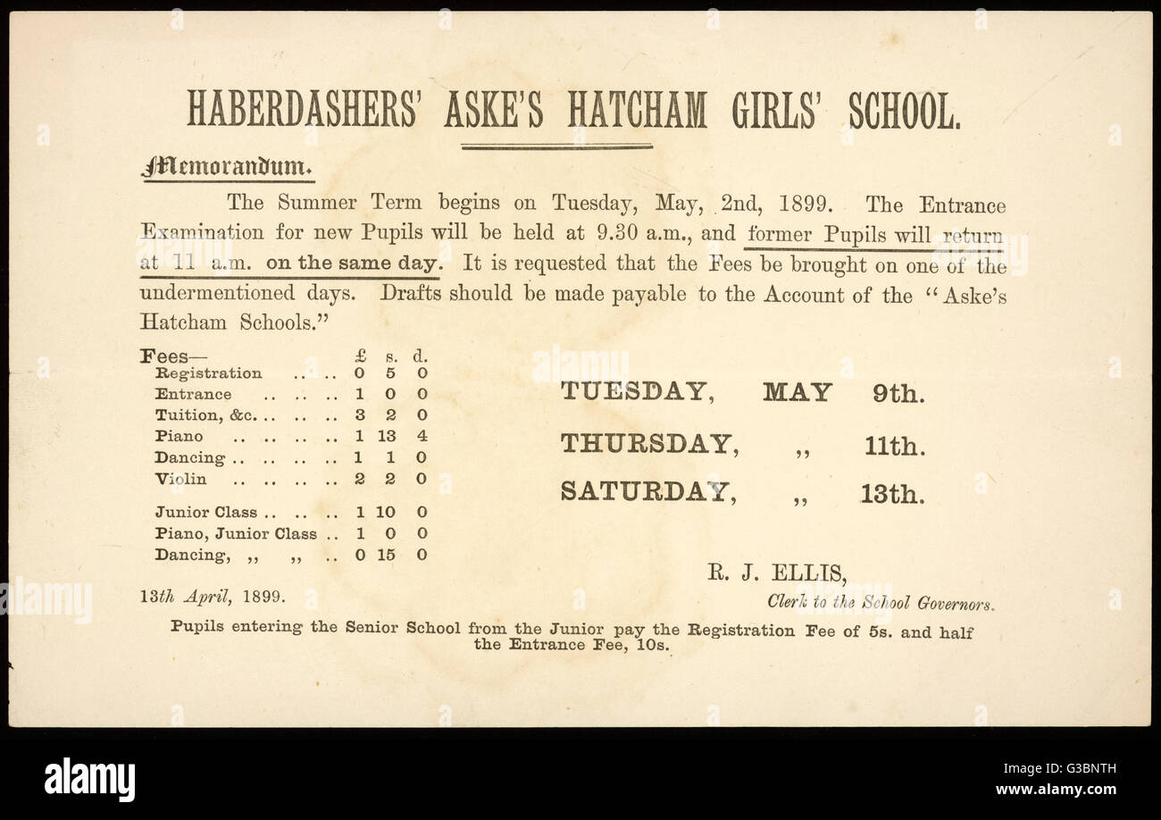 A memorandum to pupils of the  Haberdashers' Aske's Hatcham  Girls' School listing tuition  fees and term start dates &amp;  details of entrance  examinations.     Date: 1899 Stock Photo