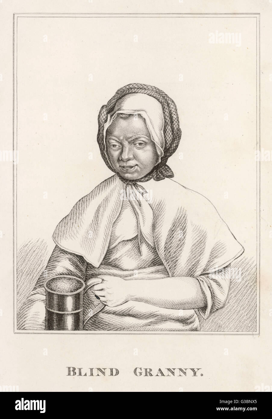Blind Granny: a half blind,  drunken nuisance who would beg  by using her paricularly long  tongue to wash her blind eye  then spend the money on drink.  Poems were written about her!     Date: Early 18th century Stock Photo