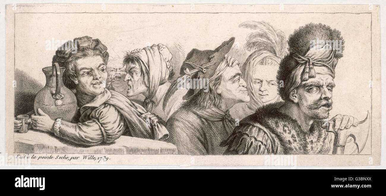 A selection of unsavoury  characters showing different  emotions including  ruthlessness &amp; loathing. A  toothless old hag, a drunkard,  a baby &amp; an axeman are shown.     Date: 1739 Stock Photo
