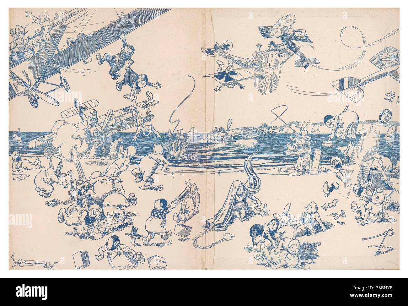 Illustration 2/2  A comical cartoon showing  elves or possibly pixies  getting into mischief with  various aircraft      Date: circa. 1918 Stock Photo