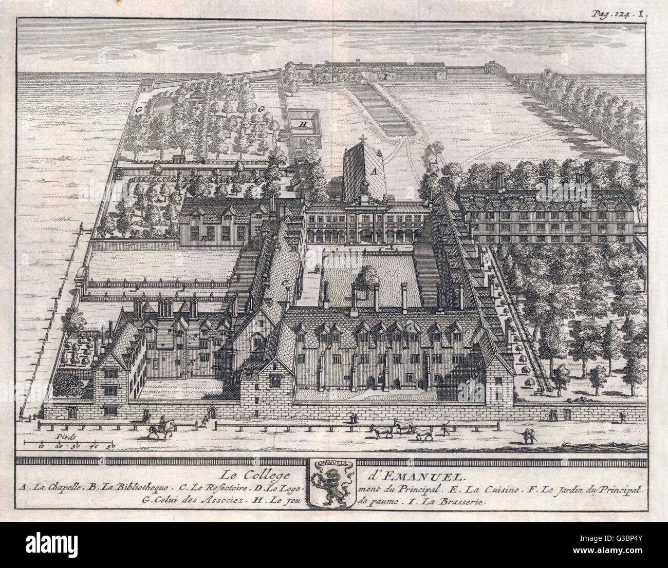 A bird's-eye view of the college showing the chapel, dining  hall, library, the Dean's  lodgings, gardens, brewery, kitchen &amp; an area for real- tennis or le jeu de paume.      Date: 1690 Stock Photo