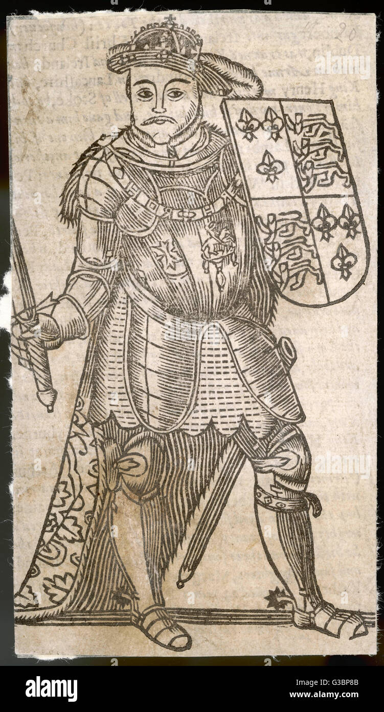 KING HENRY VIII (1491 - 1547) A rather crude wood-cut  engraving but one which shows  him wearing armour, a long  fur-lined cloak and holding a  shield &amp; sword. Stock Photo