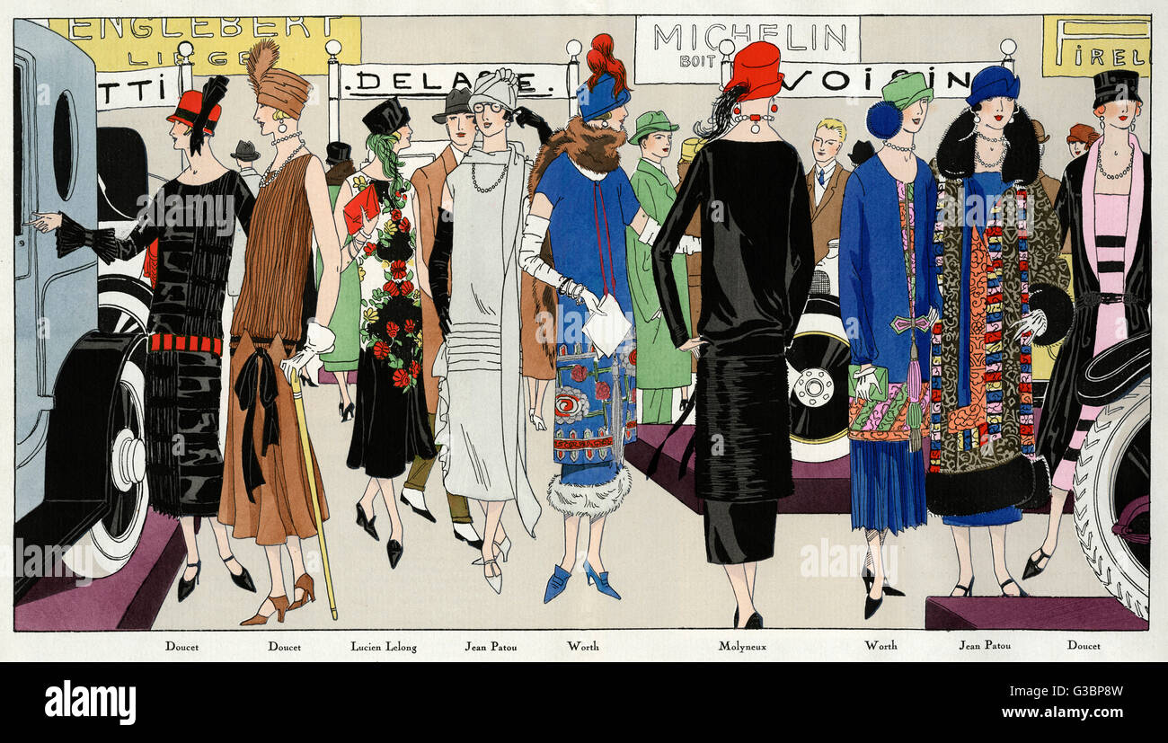 Stylish ladies at a motor show, wearing dresses by Doucet, Lucien Lelong,  Jean Patou, Worth and Molyneux. Date: 1924 Stock Photo - Alamy