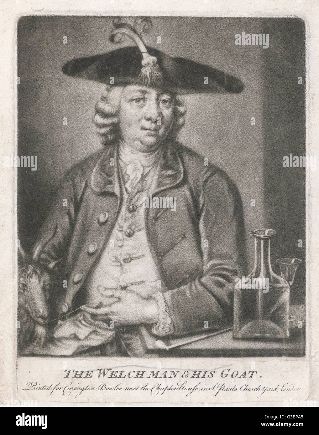 Portrait of a Welshman wearing  a hat with a cocked brim  trimmed with a leek. He sits  with his pipe and port and his  goat.      Date: 18th century Stock Photo
