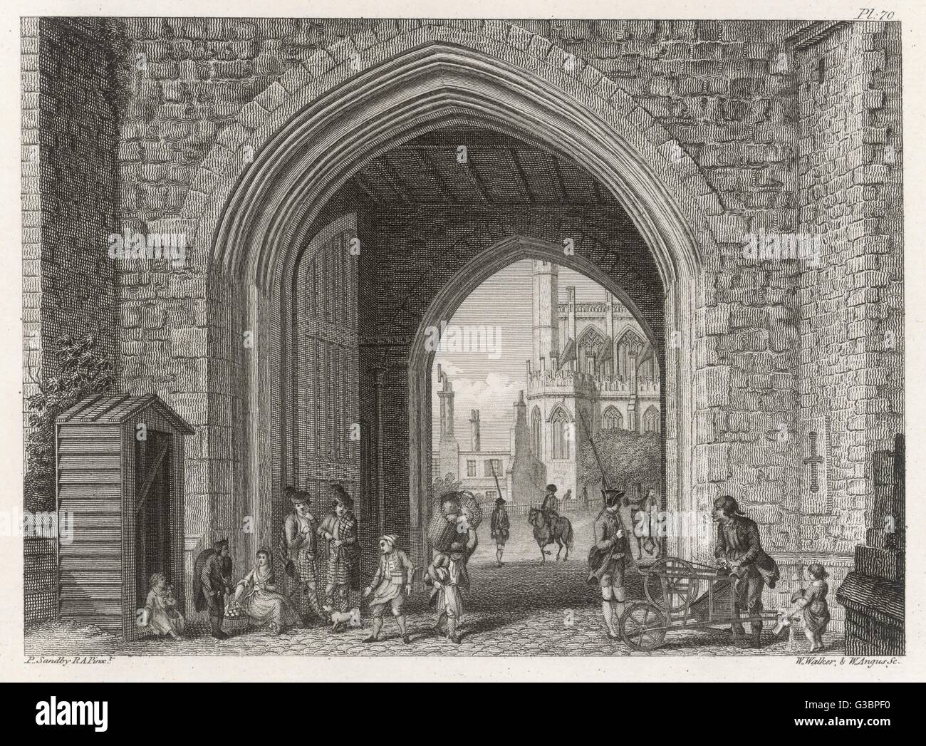 A view of St George's Chapel  and the town gate of Windsor  Castle, with soldiers, a  knife-grinder, a sweep and  street traders outside the  castle wall.     Date: 1780 Stock Photo