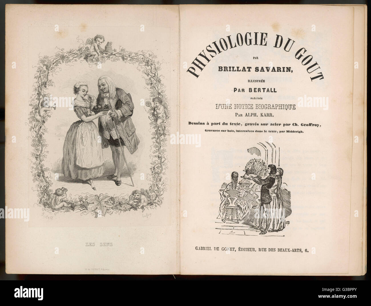 Frontispiece and title page of  'Physiology of Taste' by  Brillat Savarin. A book about  gastronomy dedicated to  ' Parisian gourmets '      Date: First published: 1825 Stock Photo