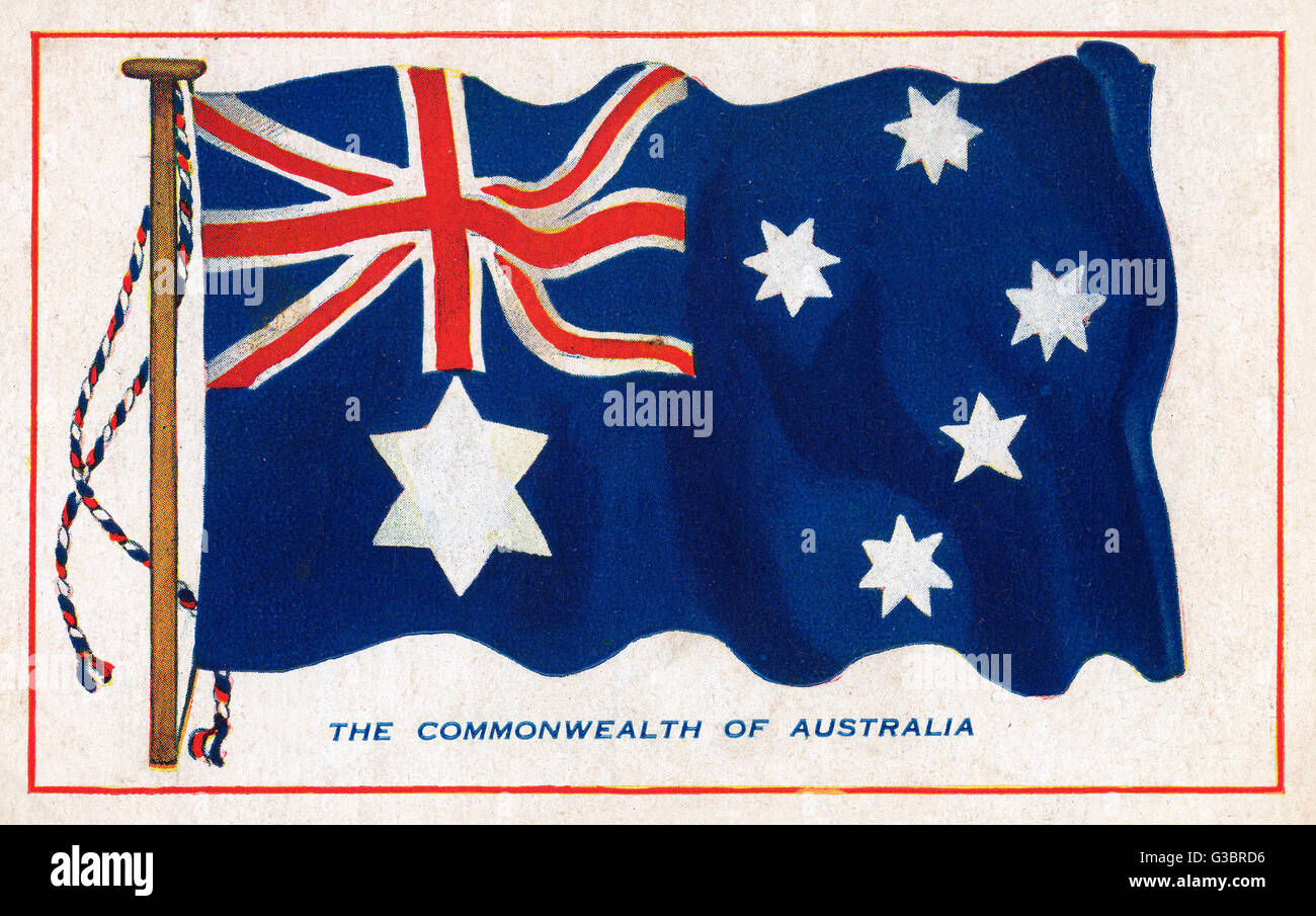 Flag of the Commonwealth of Australia. The flag's original design (with a  six-pointed Commonwealth Star - as shown on this card) was chosen in 1901  from entries in a worldwide competition held