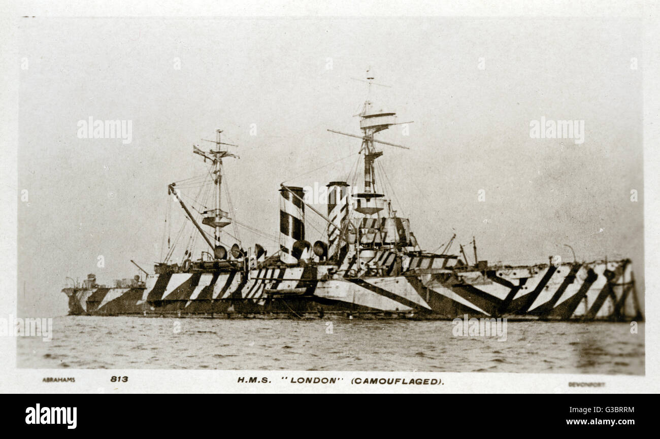 HMS London, ex-battleship, after conversion to a mine-layer (in camouflage paint) after removal of main armament - May 1918.      Date: circa 1918 Stock Photo