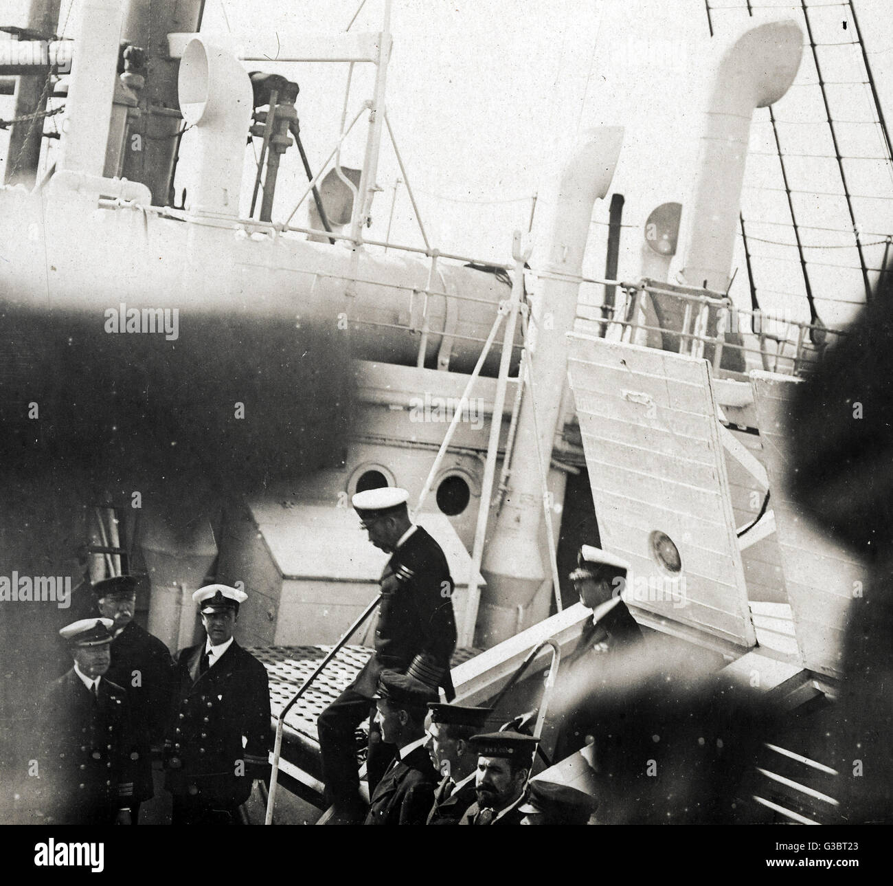King George V visiting the Royal Navy's hospital ship, HMHS Plassy, at ...