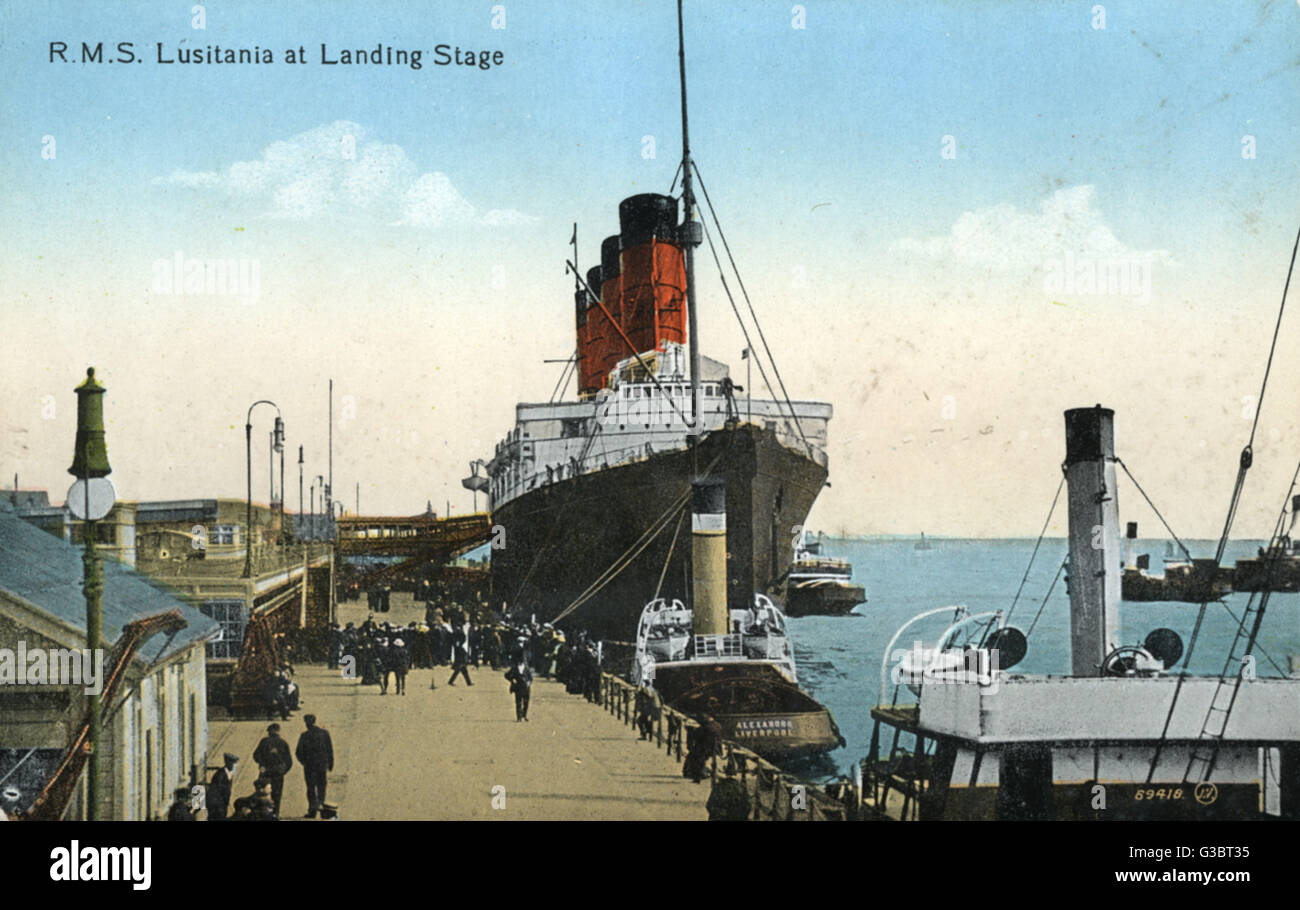 RMS Lusitania, Cunard cruise ship, at the Liverpool landing stage.   circa 1910s Stock Photo