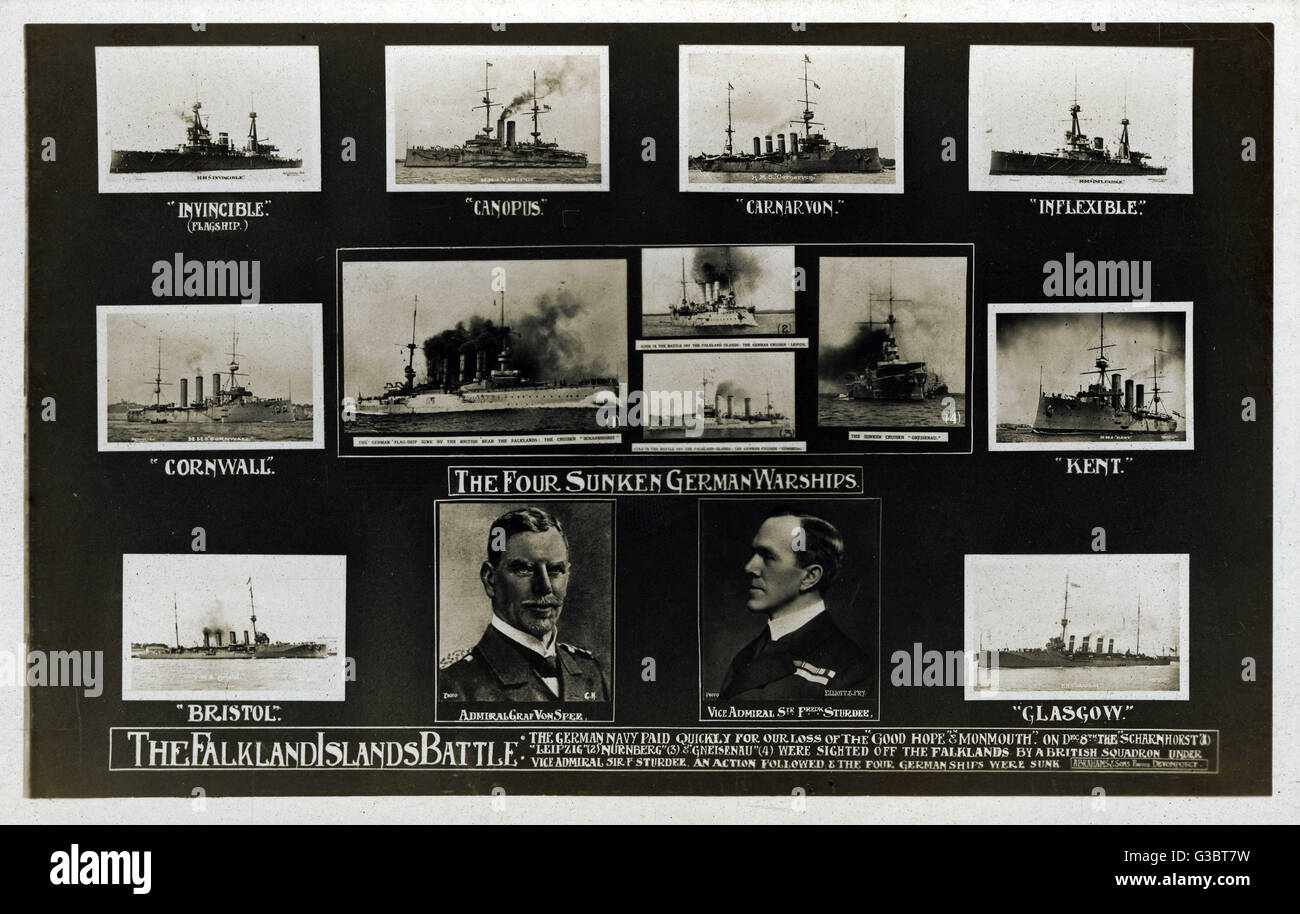 Card commemorating Falkland Islands naval battle, WW1 Stock Photo