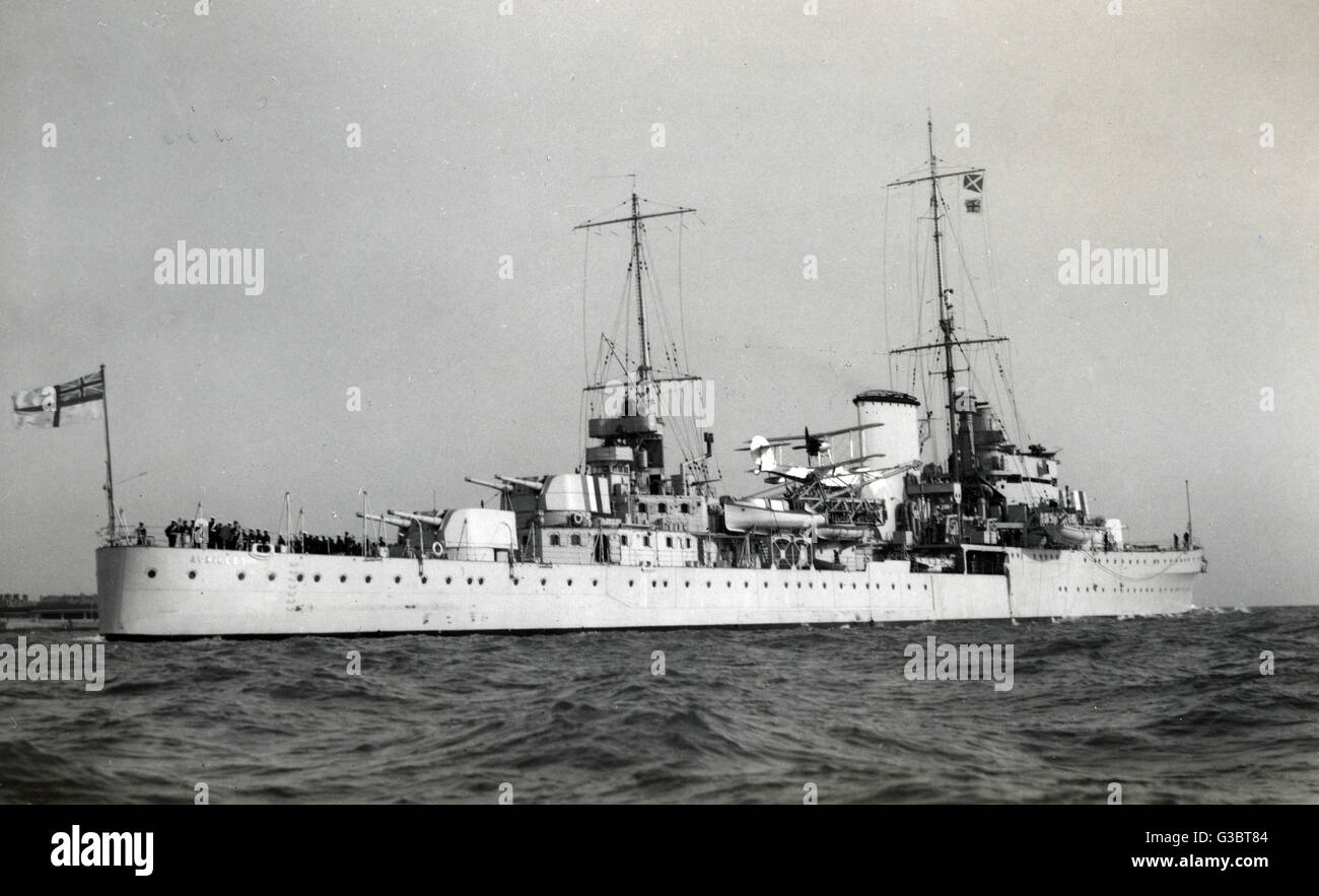HMS Achilles (70), British light class cruiser which served with the Royal New Zealand Navy during the Second World War. Seen here with a seaplane on board. Date: 1939 Stock Photo