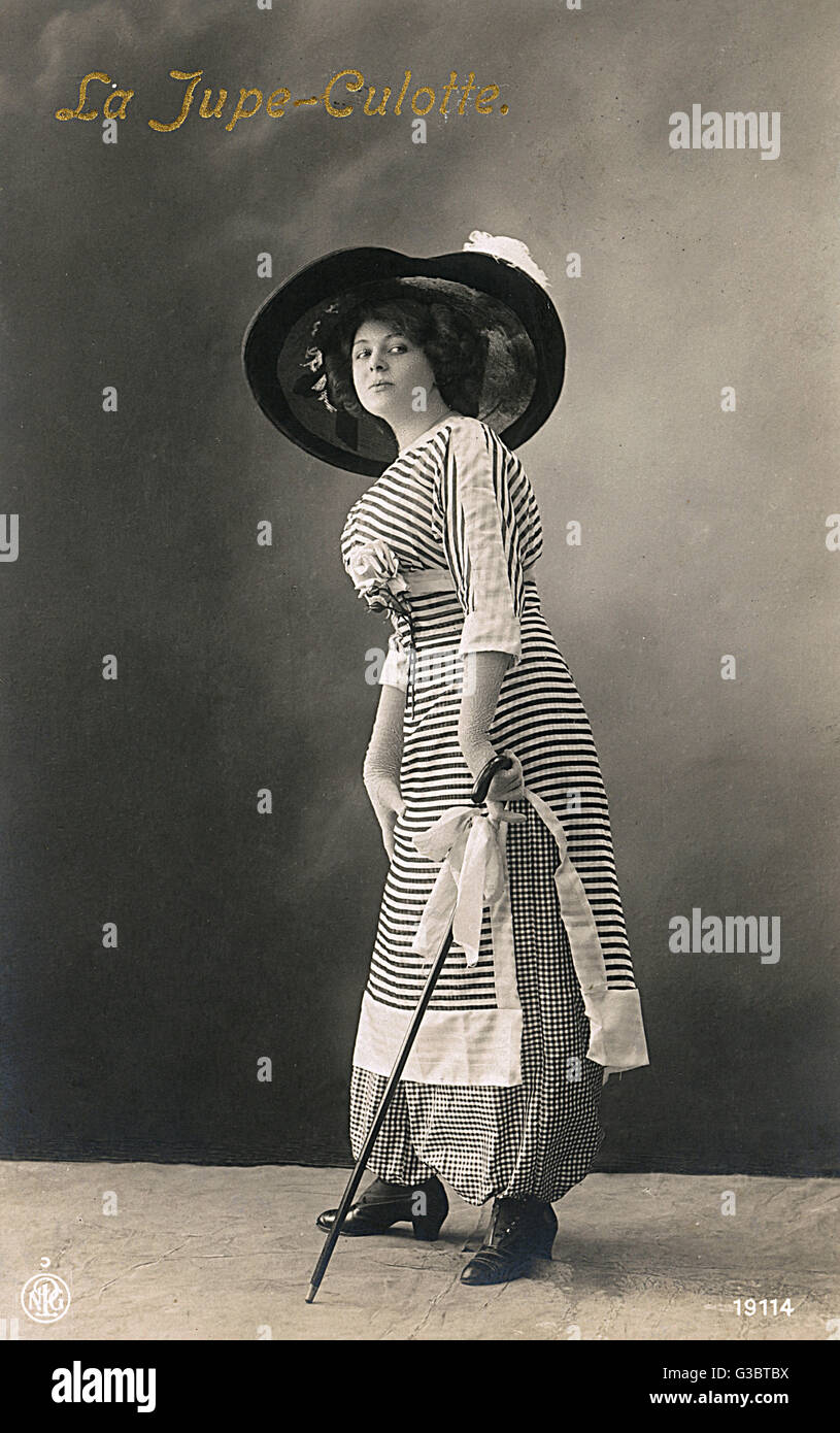 Early 20th century French Fashion - Jupes-Culotte - pretty model in  culottes - voluminous trousers with the appearance of a long skirt, here  further disguised by a striped over-dress (see: 10956082 for
