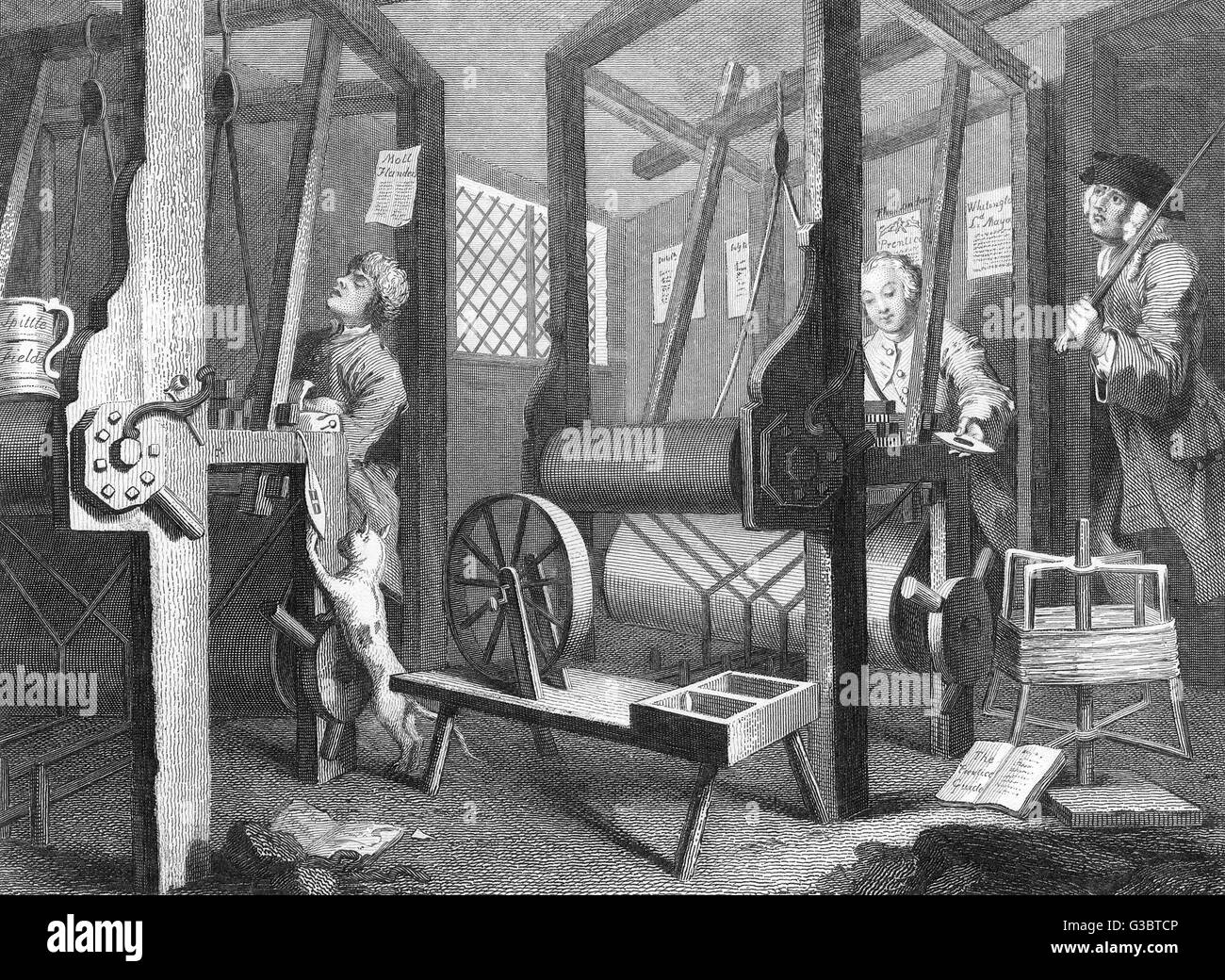 Industry and Idleness by William Hogarth, showing weaving at Spitalfields, England, contrasting the discipline of one apprentice with the slovenly behaviour of another.     Date: First published 1747 Stock Photo