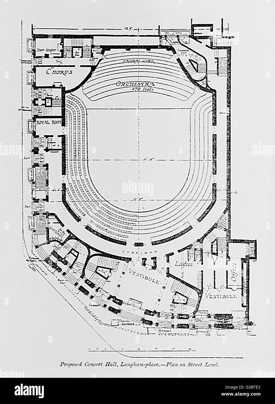 Ground floor plan, Queens Hall, Langham Place, London Stock Photo