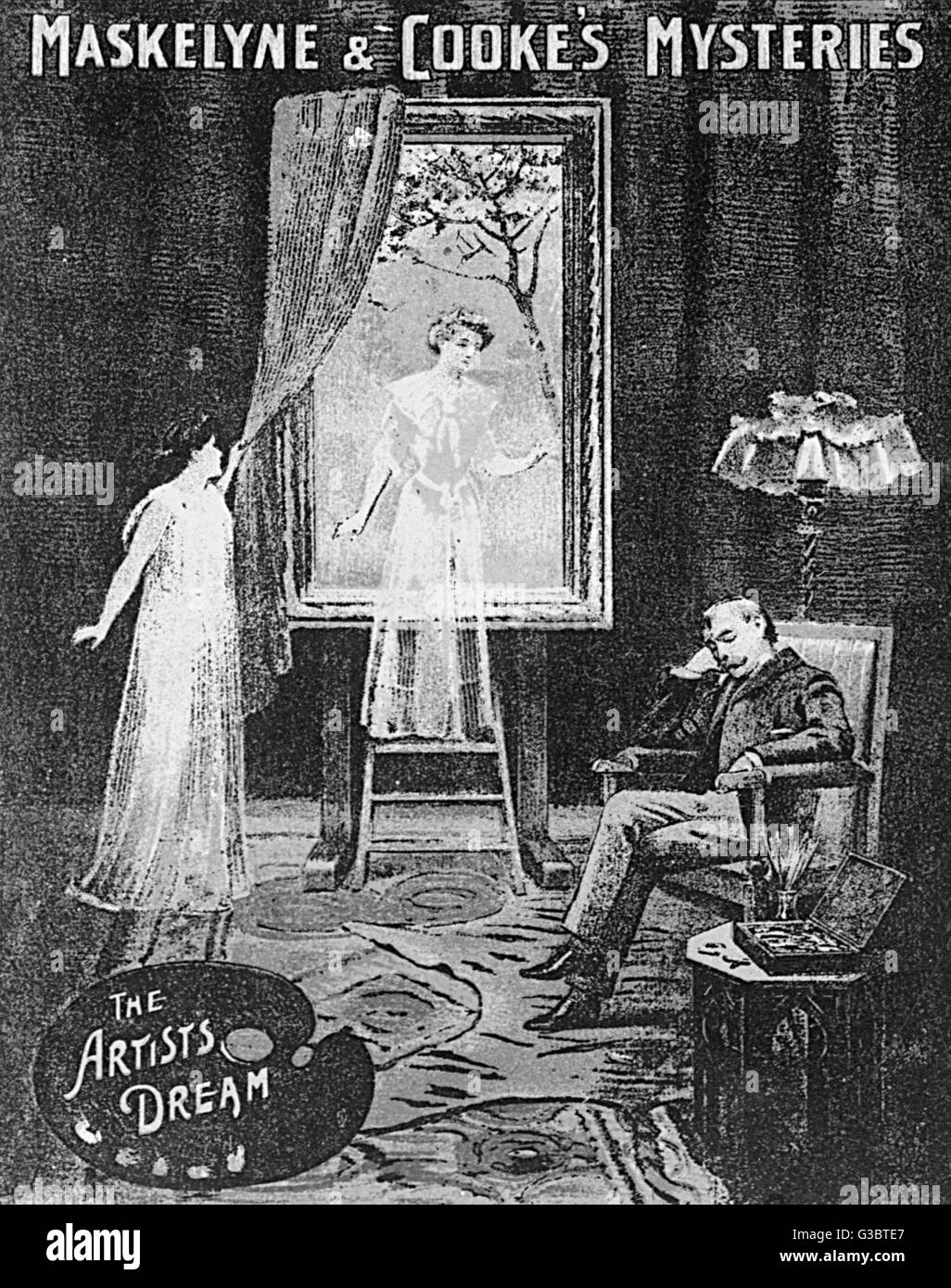 Poster for The Artist's Dream, one of Maskelyne &amp; Cooke's Mysteries, performed on stage.  The artist has painted a portrait of his recently deceased wife.  As he sleeps, his wife steps out of the picture, kisses him, then disappears back into the canv Stock Photo
