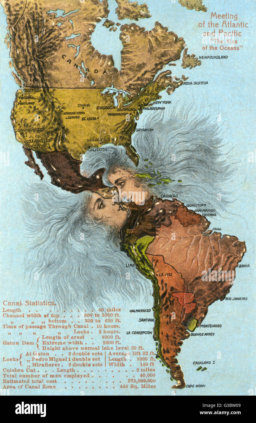 The Kiss of the Oceans - The Atlantic meets the Pacific due to the construction of The Panama Canal - A lovely allegorical card relating to this phenomenal engineering project, also bearing full statistics including length, width and cost of the project. Stock Photo