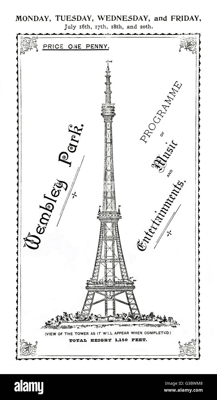 Programme for a series of musical concerts and entertainments at Wembley Park, London in July 1894 (Wembley Park officially opened to the public in May 1894). The programme features an illustration of (an impression of the finished) Watkin's Tower, a part Stock Photo