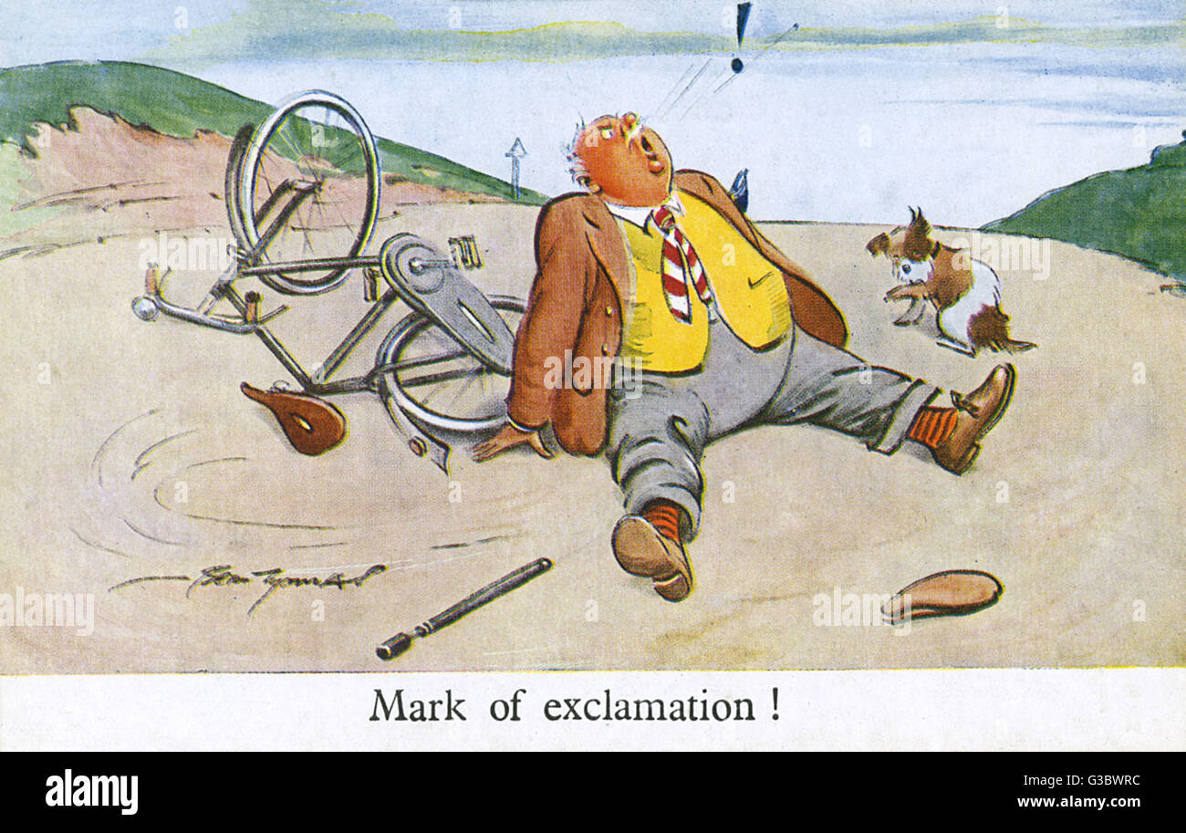 Gentleman crashes on his bicycle and utters a loud... "Mark of exclamation!" Date: circa 1940s Stock Photo