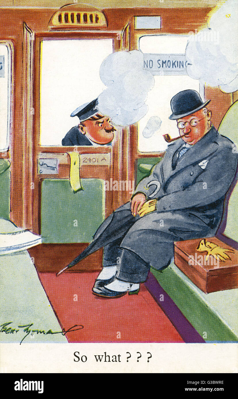 Gentleman puffing away at his pipe in a No Smoking Carriage Stock Photo