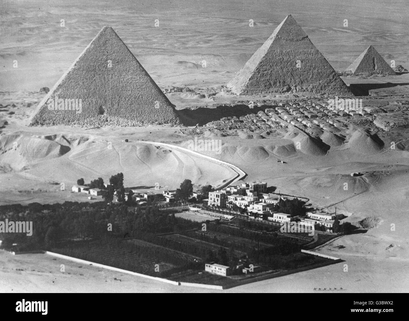 The Pyramids of Giza, Egypt - Aerial Photograph.     Date: circa 1930s Stock Photo
