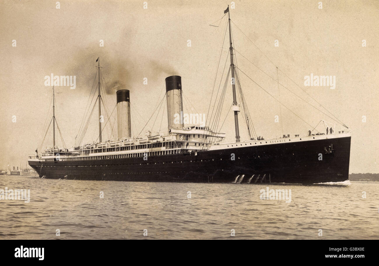 The RMS Oceanic One of the greatest White Star liners. She was the first ship built after Thomas Ismay bought the company, with a highly innovative design. Launched in 1899 - ran aground off Foula, Shetland in 1914 - scrapping began (above the waves) in 1 Stock Photo