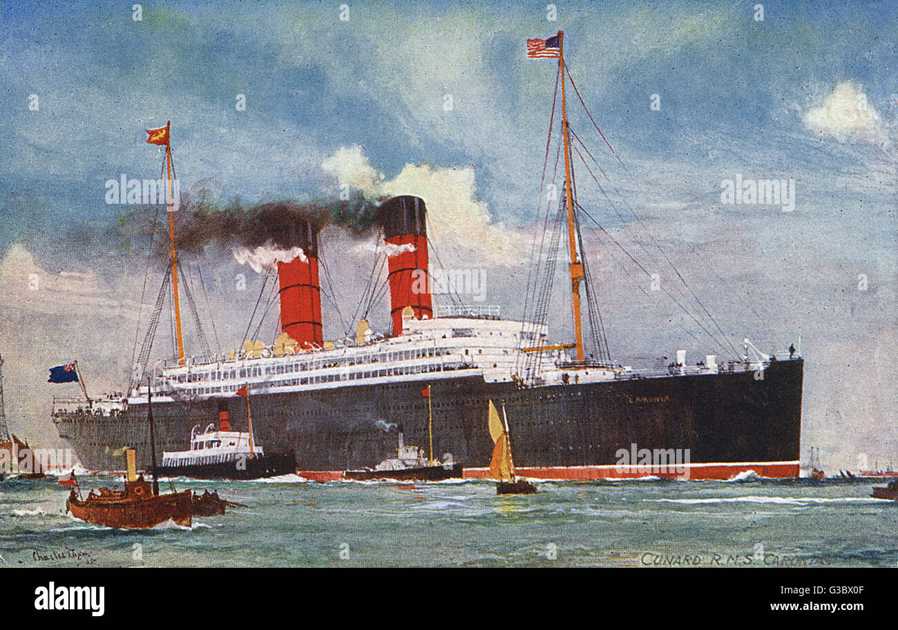 RMS Caronia - Cunard Line - launched in 1904 - scrapped in 1932. The start of World War I caused her to be requisitioned as an armed merchant cruiser. In 1916, she became a troopship and served in that role for the duration, returning to the Liverpool-New Stock Photo